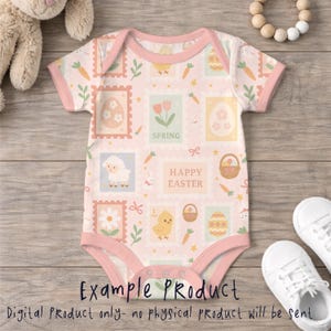 May include: A baby bodysuit featuring an Easter-themed design in pink and white. The pattern includes stamps with images of eggs, flowers, a lamb, and a chick. The text "SPRING" and "HAPPY EASTER" are also visible. The bodysuit has pink trim.