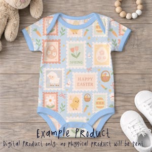 May include: A baby bodysuit with a light blue background and a pattern of Easter-themed stamps. The stamps feature images of eggs, flowers, a lamb, a chick, and the words "SPRING" and "HAPPY EASTER". The bodysuit has light blue trim.