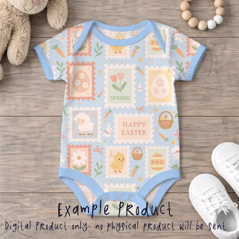 May include: A baby bodysuit with a light blue background and a pattern of Easter-themed stamps. The stamps feature images of eggs, flowers, a lamb, a chick, and the words "SPRING" and "HAPPY EASTER". The bodysuit has light blue trim.