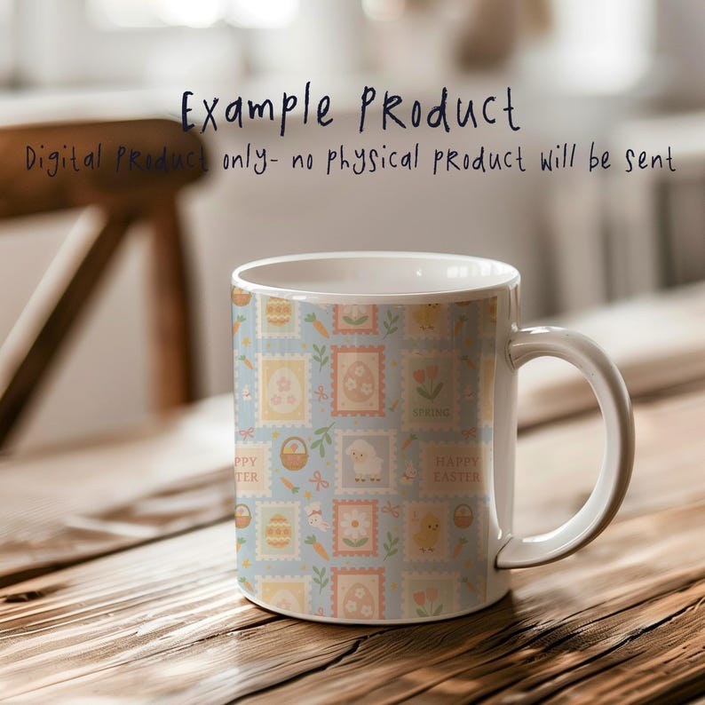 May include: White ceramic mug with a pastel Easter-themed design. The mug features a repeating pattern of postage stamp-like images with Easter eggs, chicks, carrots, and the words "Happy Easter" and "Spring". The text "Example Product" is at the top.
