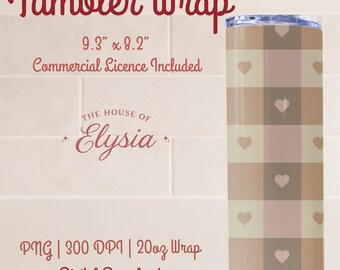 Gingham Herz Tumbler Wrap PNG: Cottagecore Sublimationsdesign (digitaler Download)