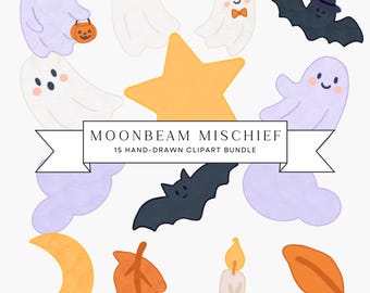Halloween Clip Art Bundle, süße Geister & Fledermäuse PNGs, gruselige digitale Herbst Pastellgrafiken