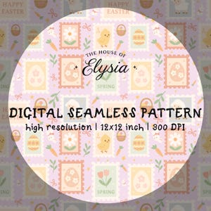 Purple Easter Stamp Seamless Pattern PNG, Spring Bunny Chick Digital Paper, Pastel Patchwork Fabric Design, 12x12 Commercial Use