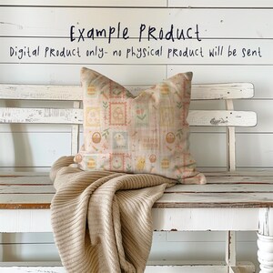 May include: A cushion with a pastel Easter pattern featuring stamps with eggs, chicks, and baskets. It rests on a white bench with a beige knitted throw. The text "Example Product" and "Digital Product only- no physical product will be sent" are visible.