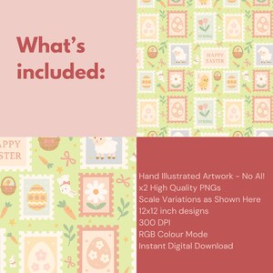 K&ouml;nnte beinhalten: Ein digitales Design zum Thema Ostern mit sich wiederholenden Mustern von Briefmarken, Eiern, K&uuml;ken und Schafen auf hellgr&uuml;nem Hintergrund. Der Text "What's included:" wird in einem rosa Feld angezeigt. Das Design umfasst 30,48 cm x 30,48 cm Designs.