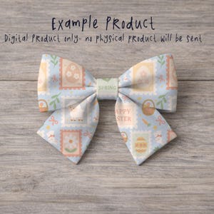 May include: A light blue fabric bow with a repeating pattern of Easter-themed postage stamps. The stamps feature eggs, flowers, and a lamb. The bow has the word "SPRING" in green and "HAPPY EASTER" in the center.