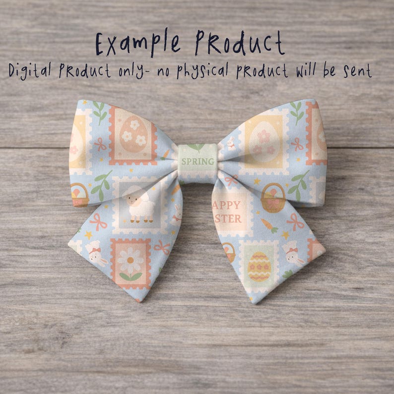 May include: A light blue fabric bow with a repeating pattern of Easter-themed postage stamps. The stamps feature eggs, flowers, and a lamb. The bow has the word "SPRING" in green and "HAPPY EASTER" in the center.