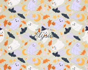Moonbeam Mischief Halloween Seamless Pattern – Cute Ghosts, Bats, Stars & Pastel Autumn Elements – Spooky Kawaii Halloween Digital Paper