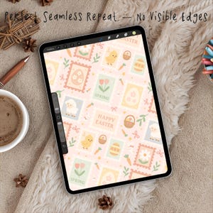 May include: A digital tablet shows a repeating Easter pattern. The design includes postage stamp-style squares with chicks, eggs, lambs, and baskets on a pale pink backdrop. The text "Perfect Seamless Repeat - No Visible Edges" is at the top of the image.