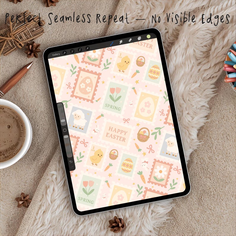 May include: A digital tablet shows a repeating Easter pattern. The design includes postage stamp-style squares with chicks, eggs, lambs, and baskets on a pale pink backdrop. The text "Perfect Seamless Repeat - No Visible Edges" is at the top of the image.
