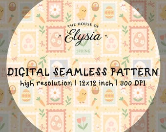 Easter Stamp Seamless Pattern PNG, Spring Bunny Chick Digital Paper, Pastel Patchwork Fabric Design, 12x12 Commercial Use