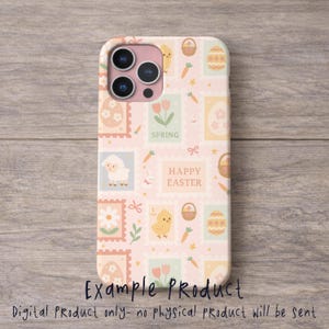May include: A pink phone case with a repeating pattern of Easter-themed postage stamp designs. The stamps feature a lamb, chick, eggs, carrots, and the words "SPRING" and "HAPPY EASTER".