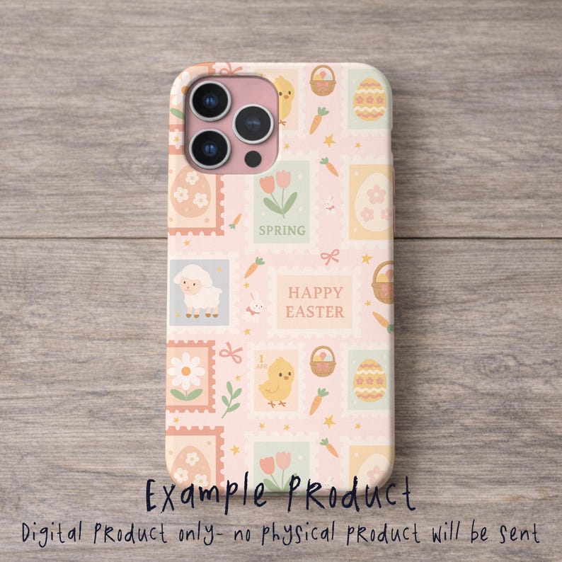 May include: A pink phone case with a repeating pattern of Easter-themed postage stamp designs. The stamps feature a lamb, chick, eggs, carrots, and the words "SPRING" and "HAPPY EASTER".