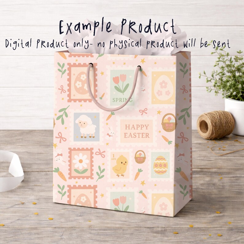 May include: A pink gift bag with an Easter theme, featuring stamp-like illustrations of a lamb, flowers, eggs, and carrots. The bag has a light pink handle and the text "Example Product" and "Digital Product only- no physical product will be sent".