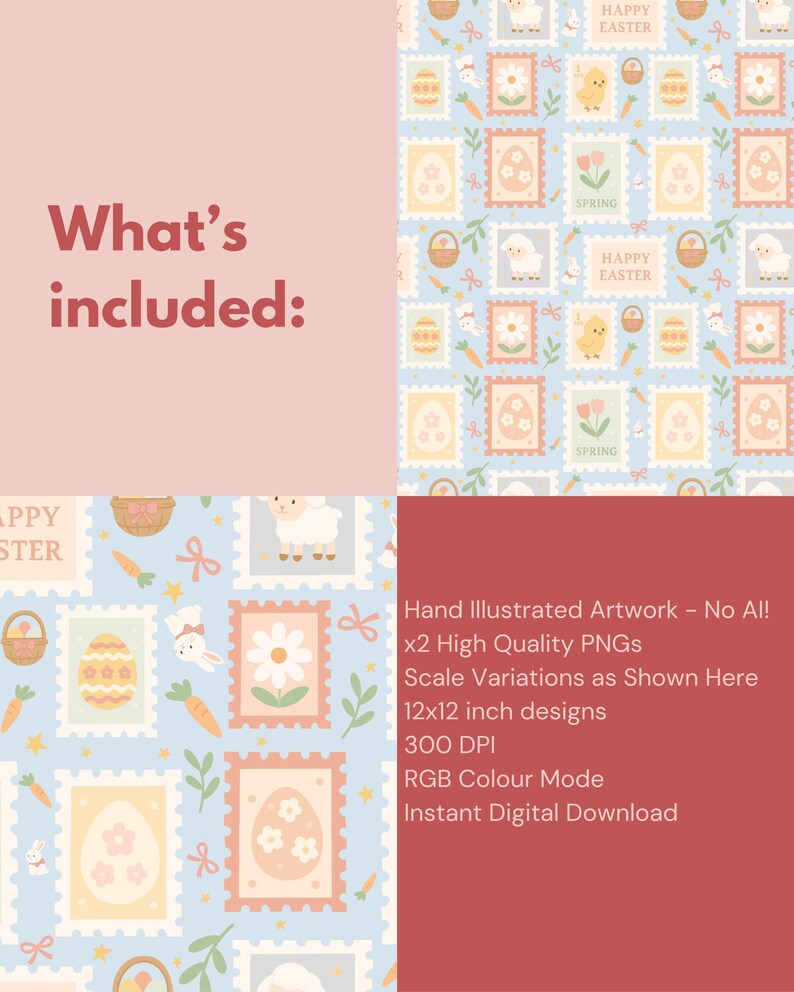 May include: A digital Easter-themed design featuring repeating patterns of stamps with Easter eggs, chicks, flowers, and bunnies on a light blue background. The text "What's included:" is displayed in a soft red color.
