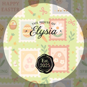 K&ouml;nnte beinhalten: Ein kreisf&ouml;rmiges Grafikdesign mit Ostermotiven. Das Design zeigt Briefmarken mit Ostereiern, Blumen, Karotten und Hasen. Der Text "The House of Elysia" befindet sich in der Mitte, mit "Est. 2025" in einem schwarzen Siegel.