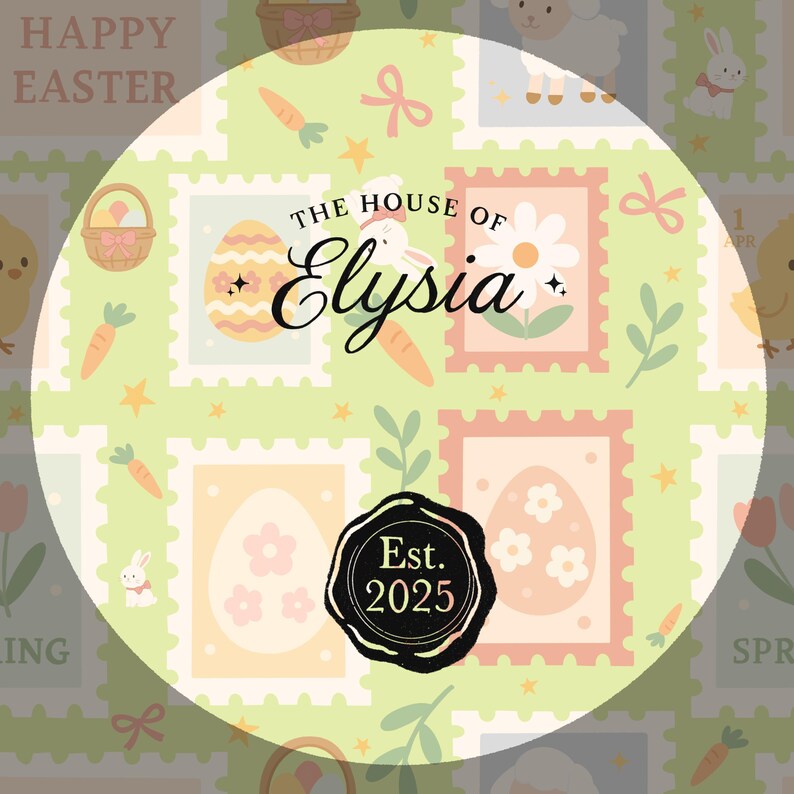 K&ouml;nnte beinhalten: Ein kreisf&ouml;rmiges Grafikdesign mit Ostermotiven. Das Design zeigt Briefmarken mit Ostereiern, Blumen, Karotten und Hasen. Der Text "The House of Elysia" befindet sich in der Mitte, mit "Est. 2025" in einem schwarzen Siegel.