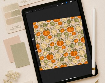 Autumn Pumpkin Seamless Pattern, Rustic Fall Gourd Digital Paper, Cozy Cottagecore Autumn Printable