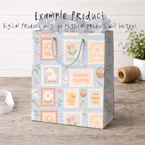 May include: A light blue gift bag with a repeating pattern of Easter-themed postage stamps. The stamps feature images of a lamb, bunny, chick, flowers, and Easter eggs. The bag has light blue handles and the text "Example Product" and "Digital Product only- no physical product will be sent".