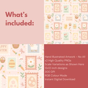 May include: A digital Easter-themed design with repeating patterns of stamps featuring Easter eggs, chicks, flowers, and baskets on a pink background. The text "What's included:" is displayed. The design includes 30.48 x 30.48 cm designs.