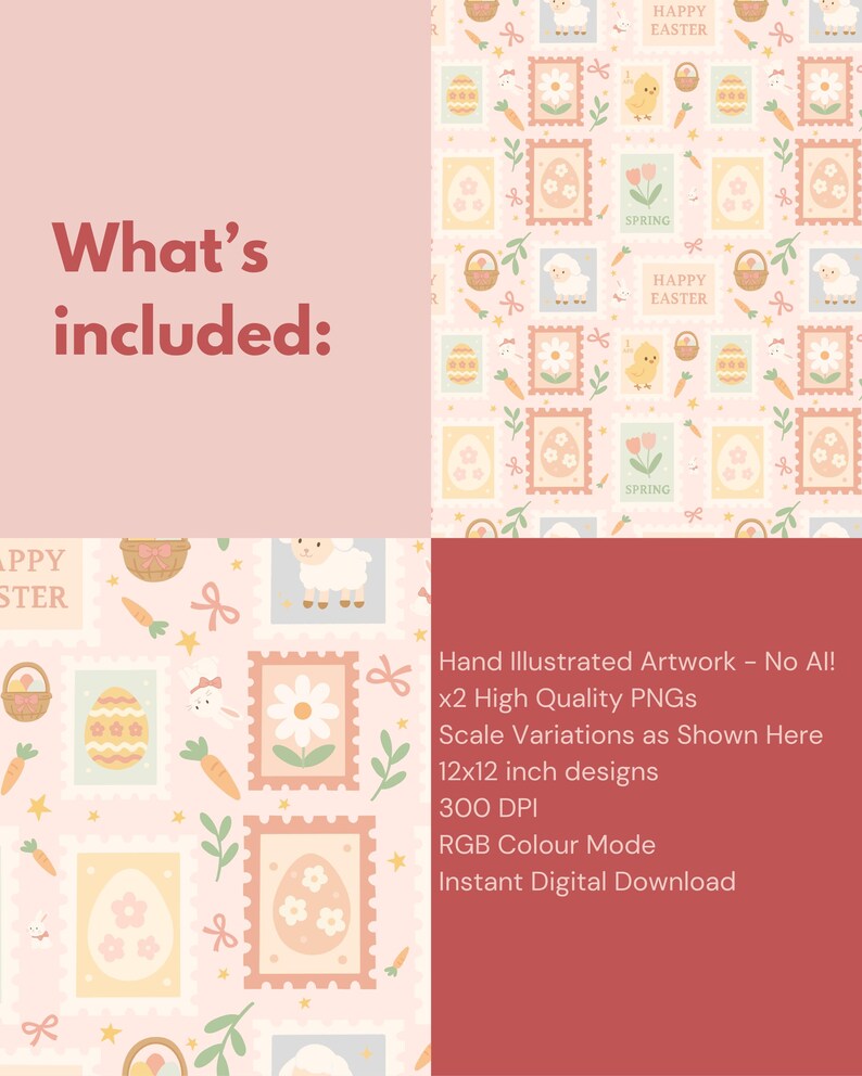 May include: A digital Easter-themed design with repeating patterns of stamps featuring Easter eggs, chicks, flowers, and baskets on a pink background. The text "What's included:" is displayed. The design includes 30.48 x 30.48 cm designs.