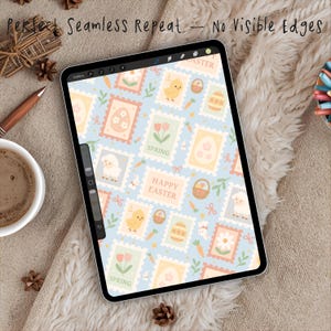 May include: A digital tablet displays an Easter-themed pattern. The design features pastel-colored postage stamps with images of chicks, eggs, flowers, and baskets on a light blue background. Text on the stamps reads "SPRING" and "HAPPY EASTER". The words "Perfect Seamless Repeat - No Visible Edges" are at the top.