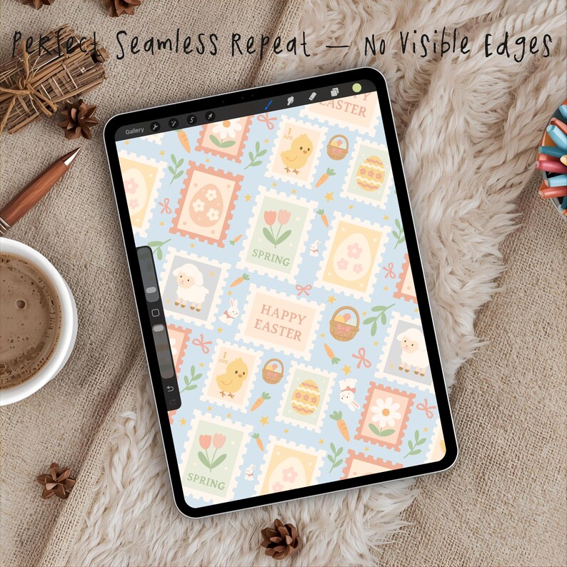 May include: A digital tablet displays an Easter-themed pattern. The design features pastel-colored postage stamps with images of chicks, eggs, flowers, and baskets on a light blue background. Text on the stamps reads "SPRING" and "HAPPY EASTER". The words "Perfect Seamless Repeat - No Visible Edges" are at the top.