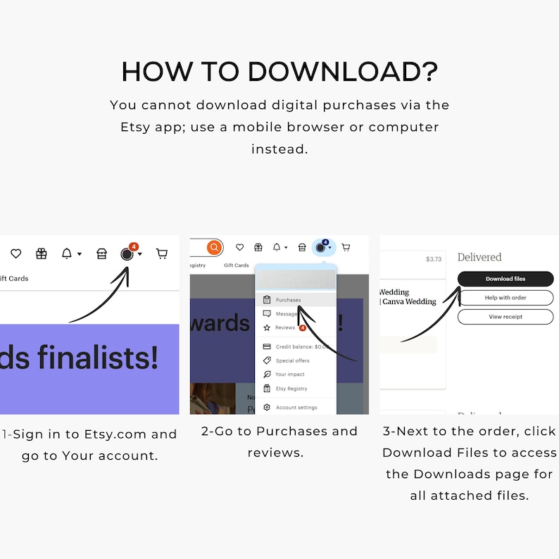 K&ouml;nnte beinhalten: Eine Anleitung zum Herunterladen digitaler K&auml;ufe auf Etsy. Das Bild zeigt Screenshots der Etsy-Website mit Pfeilen, die auf die relevanten Abschnitte zeigen, einschlie&szlig;lich "K&auml;ufe" und "Dateien herunterladen". Der Text erkl&auml;rt den Prozess.