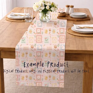 May include: A pink Easter table runner featuring a repeating pattern of stamps, eggs, chicks, and carrots. The runner is displayed on a wooden table with other dining accessories. Text on the runner reads "HAPPY EASTER" and "SPRING".