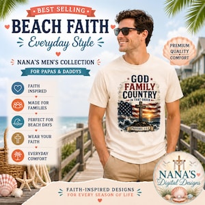 Könnte beinhalten: Ein cremefarbenes T-Shirt mit einer Grafik eines Holzkreuzes am Strand vor einer amerikanischen Flagge, dem Text "GOD FAMILY COUNTRY IN THAT ORDER" und "PROVERBS 3:5-6". Das T-Shirt wird mit Werbetexten präsentiert.