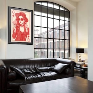 Art mural reine de pique, impression de cartes à jouer moderne, illustration de femme glamour, art minimaliste rouge, décoration de salle de poker