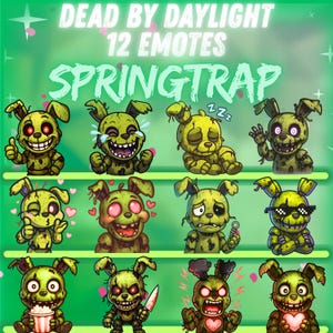 Könnte beinhalten: Eine grüne Grafik mit 12 Springtrap-Emotes von Dead by Daylight. Die Emotes zeigen Springtrap mit verschiedenen Ausdrücken, wie Lächeln, Weinen und Sonnenbrille. Der Text oben lautet "DEAD BY DAYLIGHT 12 EMOTES".