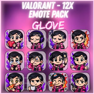 May include: A set of 12 cartoon emotes featuring a character with black hair and a pink jacket. Each emote shows a different expression or action, including holding a heart, wearing headphones, or crying. The text "VALORANT - 12X EMOTE PACK GLOVE" is at the top.