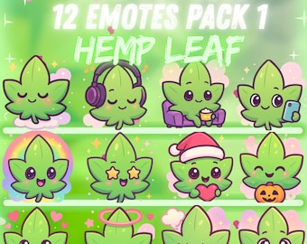 Paquete de emoticonos de hoja de cáñamo 420, divertido pero adorable, para Twitch y Discord: 12 emoticonos kawaii | Emoticonos chibi de marihuana | Descarga digital instantánea