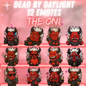 Könnte beinhalten: Ein rosa Grafik mit 12 Emotes von "The Oni" aus "Dead by Daylight". Jedes Emote zeigt einen roten Dämon mit weißen Haaren und Hörnern, der verschiedene Emotionen ausdrückt. Der Text oben lautet "DEAD BY DAYLIGHT" und "12 EMOTES THE ONI."