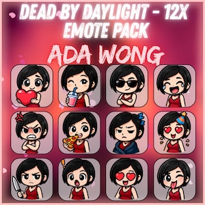 May include: A set of 12 cartoon emotes featuring Ada Wong from Dead by Daylight. Each square displays a different expression, such as holding a heart, wearing sunglasses, and eating pizza. The background is a gradient of pink and red.