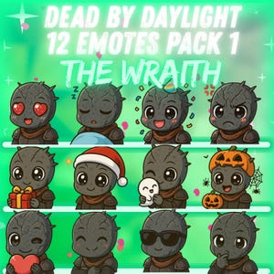 Puede incluir: Impresión de arte digital con 12 emotes de The Wraith de Dead by Daylight. Cada emote muestra una expresión diferente, como corazones, durmiendo y usando un gorro de Papá Noel. El fondo es un degradado verde.