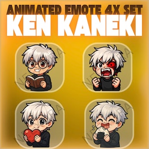 Puede incluir: Conjunto de emoticonos animados 4x con Ken Kaneki. El conjunto incluye cuatro emoticonos: leyendo un libro, enfadado con un ojo rojo, sosteniendo un corazón y comiendo arroz. Cada emoticono muestra un personaje de pelo blanco con una camisa negra.