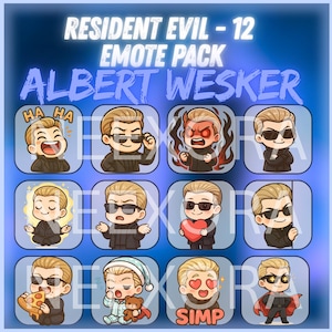 May include: A digital art print featuring a collection of 12 Albert Wesker emotes from Resident Evil. Each emote depicts Wesker in various poses and expressions, including laughing, angry, and holding a heart. The text "Resident Evil - 12 Emote Pack" and "Albert Wesker" are displayed.