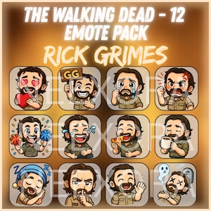Könnte beinhalten: Zwölf Cartoon-Emotes von Rick Grimes aus The Walking Dead. Jede quadratische Grafik zeigt Rick mit verschiedenen Ausdrücken, wie Weinen, Lachen und Halten eines Herzens. Der Text oben lautet "THE WALKING DEAD - 12 EMOTE PACK RICK GRIMES."