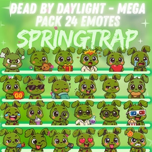 May include: A green graphic featuring 24 Springtrap emotes from Dead by Daylight. The emotes depict a green bunny with various expressions, including angry, happy, and wearing glasses. Text at the top reads "DEAD BY DAYLIGHT - MEGA PACK 24 EMOTES".
