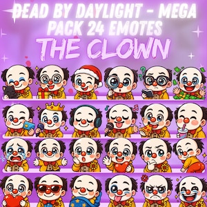 May include: A purple graphic featuring 24 cartoon emotes of "The Clown" from "Dead by Daylight." Each emote depicts the character with different expressions and props, such as a cat, gift, magnifying glass, and pizza. The text "DEAD BY DAYLIGHT - MEGA PACK 24 EMOTES" is at the top.