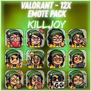 Könnte beinhalten: Zwölf Cartoon-Emotes mit einer Figur mit Brille, grüner Mütze und gelber Jacke. Die Emotes zeigen verschiedene Ausdrücke und Aktionen, darunter das Halten eines Herzens, das Heben des Daumens und das Lesen eines Buches. Der Text oben lautet "VALORANT - 12X EMOTE PACK KILLJOY."