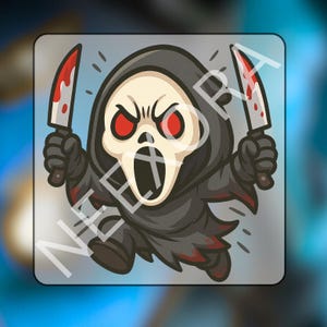 May include: Cartoon illustration of a character in a black hooded robe and a white mask, holding two bloody knives. The character has red eyes and an open mouth, with a menacing expression. The image has a horror theme.