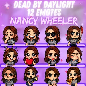 Könnte beinhalten: Digitales Kunstwerk mit 12 Emotes von Nancy Wheeler aus Dead by Daylight. Jedes Emote zeigt Nancy mit verschiedenen Ausdrücken, wie Weinen, Lachen und Halten eines Messers. Der Text "DEAD BY DAYLIGHT 12 EMOTES NANCY WHEELER" steht oben.