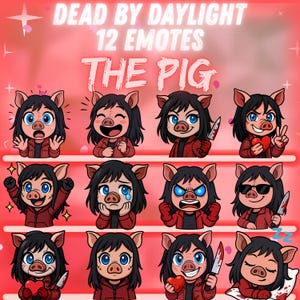 Può includere: Grafica con 12 emote di "The Pig" da "Dead by Daylight". Ogni emote raffigura un personaggio con orecchie da maiale e una giacca rossa, che esprime diverse emozioni. Il testo in alto recita "DEAD BY DAYLIGHT 12 EMOTES THE PIG."
