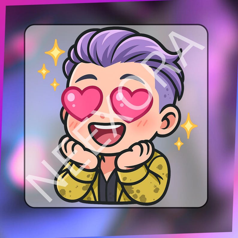 K&ouml;nnte beinhalten: Cartoon-Illustration einer Person mit lila Haaren und herzf&ouml;rmigen Augen, die l&auml;chelt und ihr Kinn h&auml;lt. Die Person tr&auml;gt eine gelbe Jacke und ein schwarzes Hemd. Goldene Sterne und das Wort "NERA" sind ebenfalls im Bild.