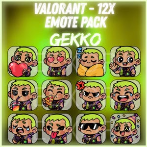 Puede incluir: Una colección de doce emoticonos de dibujos animados con un personaje de pelo verde y diversas expresiones. Los emoticonos incluyen un corazón, corazones para los ojos, durmiendo, saludando, bebiendo, comiendo pizza, enfadado, riendo, llorando, sacando la lengua, usando gafas de sol y un gorro de fiesta. El texto en la parte superior dice "VALORANT - 12X EMOTE PACK" y "GEKKO".