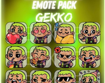 Pack de emoticonos de Twitch de Gekko: 12 emoticonos de Valorant | Emoticonos chibi adorables para streamers | Descarga digital instantánea | NeexoraStudio