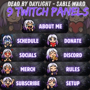 May include: Nine Twitch panels with a purple and black theme. Each panel features a cartoon character with white hair and purple highlights. Text includes "About Me", "Schedule", "Donate", "Socials", "Discord", "Merch", "Rules", "Subscribe", and "Setup".